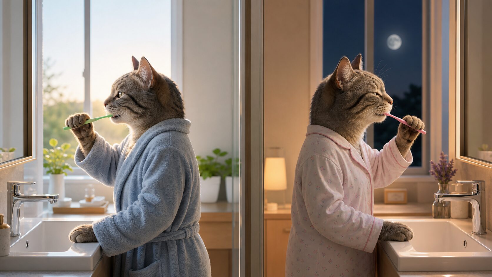 朝は緑、夜はピンクの歯ブラシを使い分けて歯磨きする猫