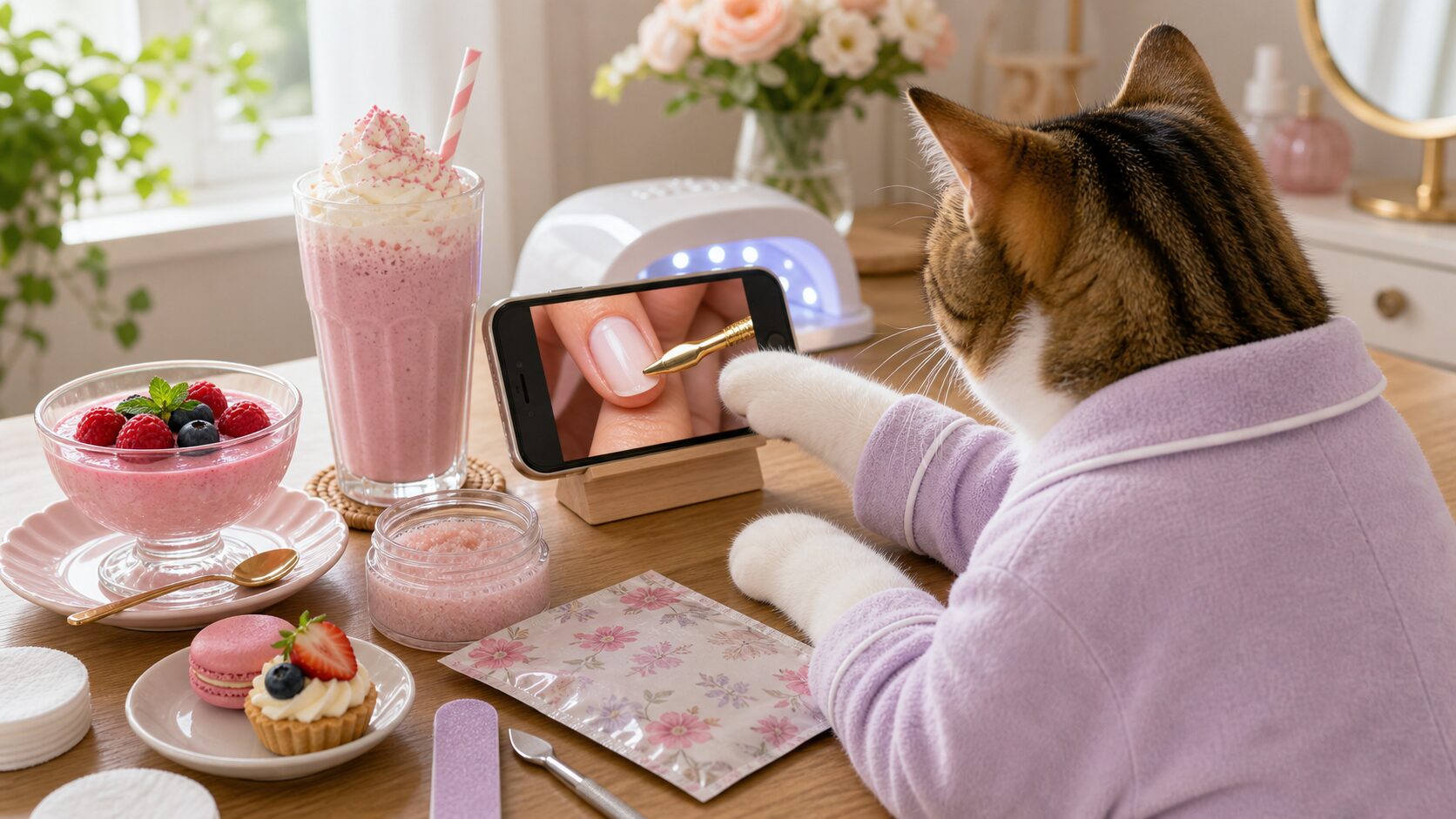 セルフネイルの動画を見ながら、ピンク色のシェイク、ピンク色のかわいらしいスイーツとネイルケア用品に囲まれてひらめく猫。