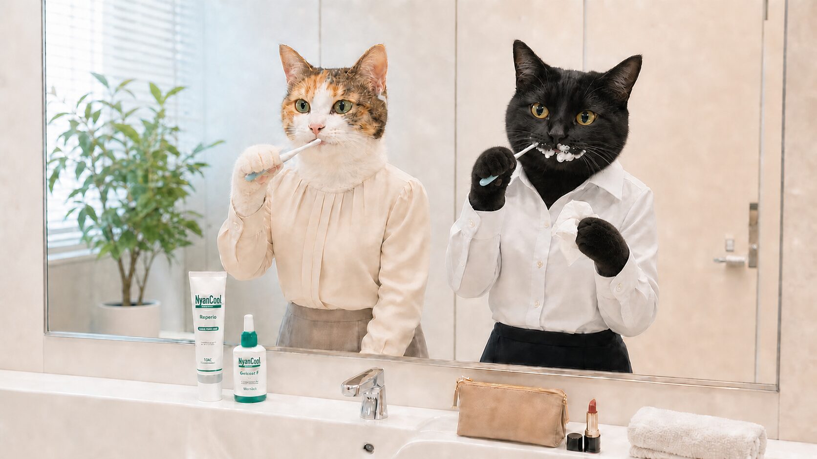 泡立たない歯磨き粉で丁寧に磨く三毛猫と、口元が泡だらけになった黒猫