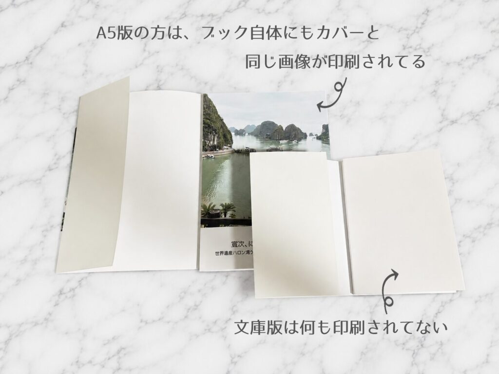 A5版フォトブック本体にも表紙画像が印刷されている様子と文庫版との比較