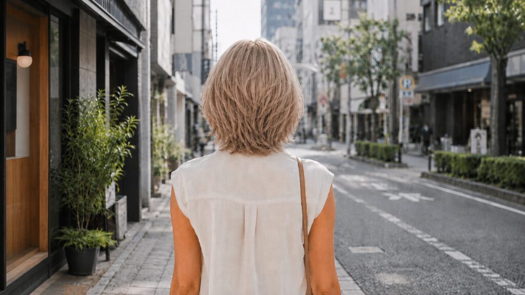 ブリーチでハイトーンにしたショートヘアの女性の後ろ姿