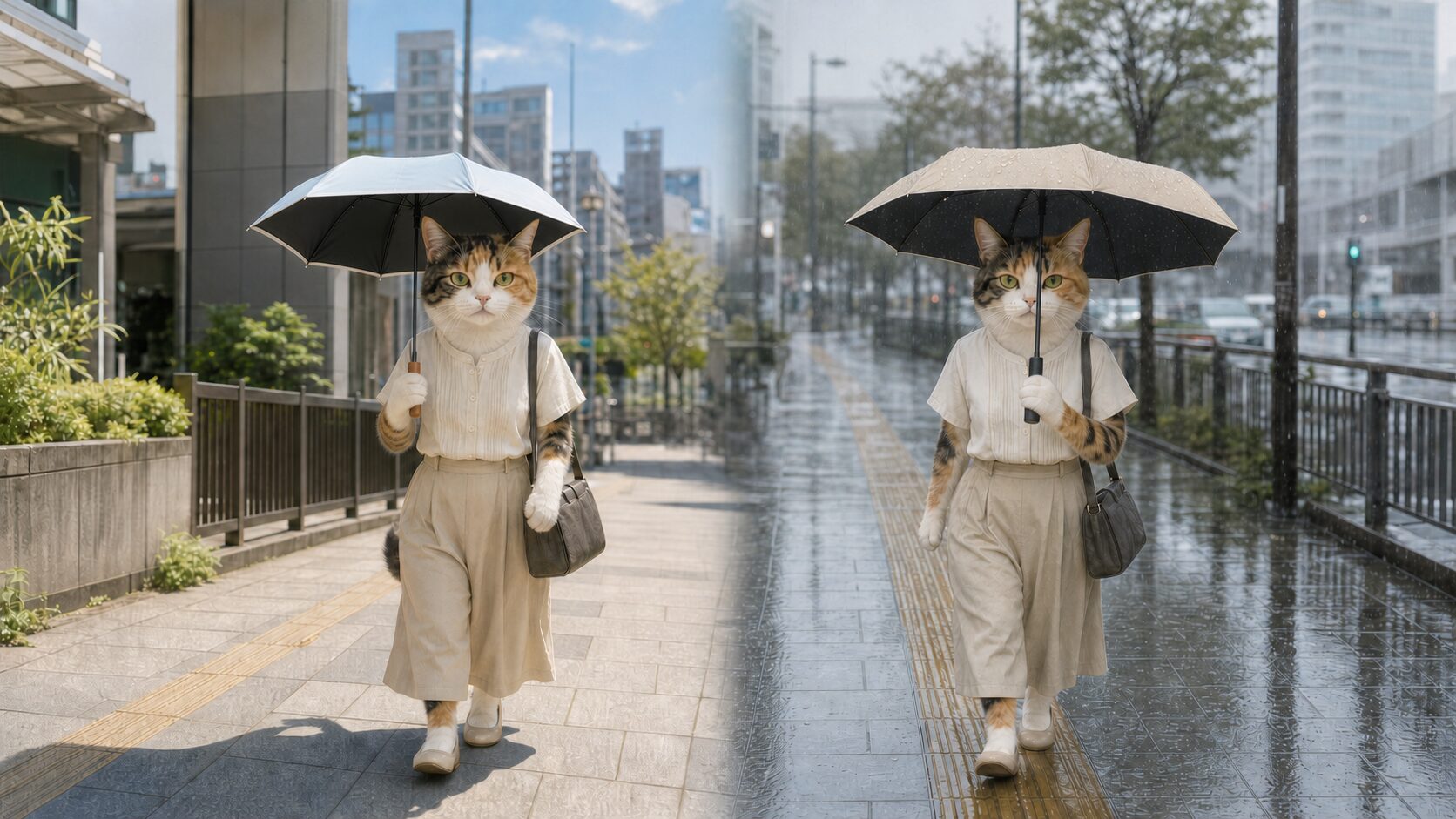 晴天と雨天で2本の折りたたみ傘を使い分ける三毛猫。