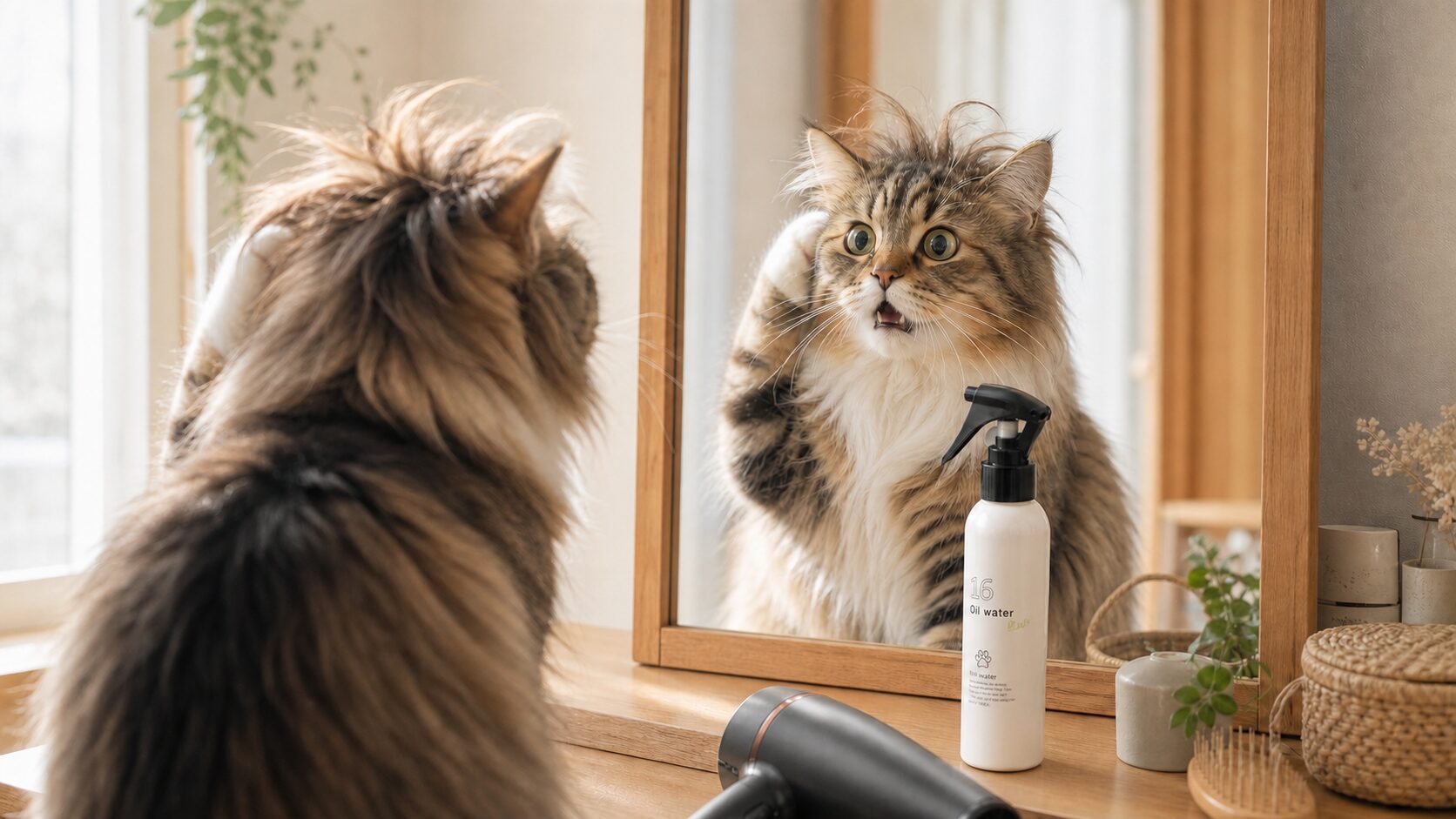 寝ぐせに驚く猫が鏡の前で白いヘアミストとドライヤーを置いたドレッサーを見ている様子