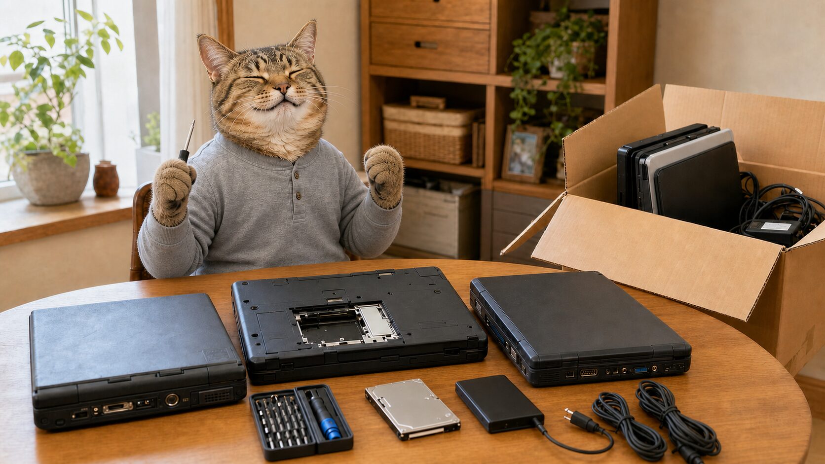 古いノートパソコンと取り外したHDDを前に、ドライバーを持って喜ぶ猫