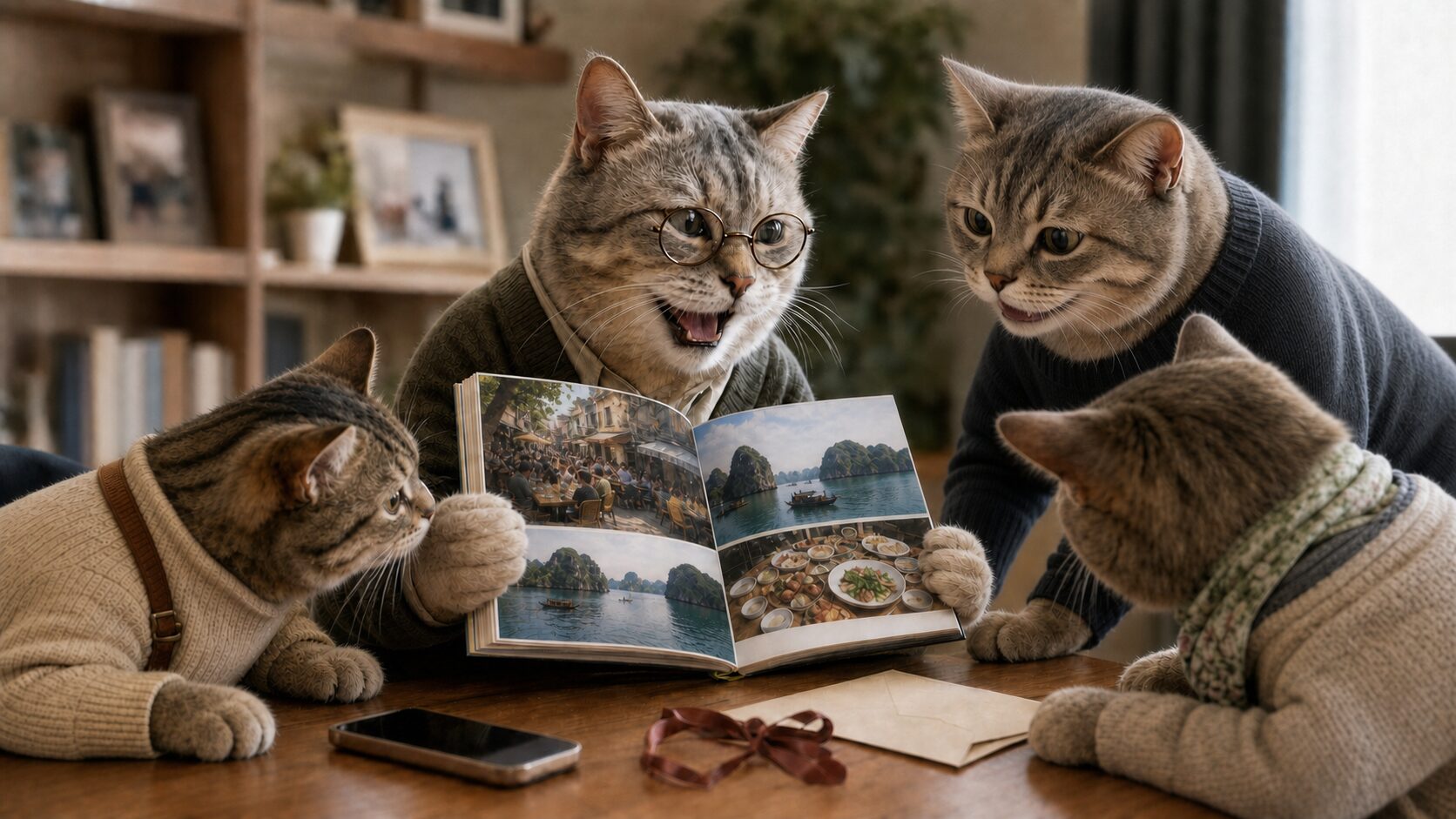 フォトブックを開いて家族にうれしそうに見せる年配の猫と、それを覗き込む猫たち