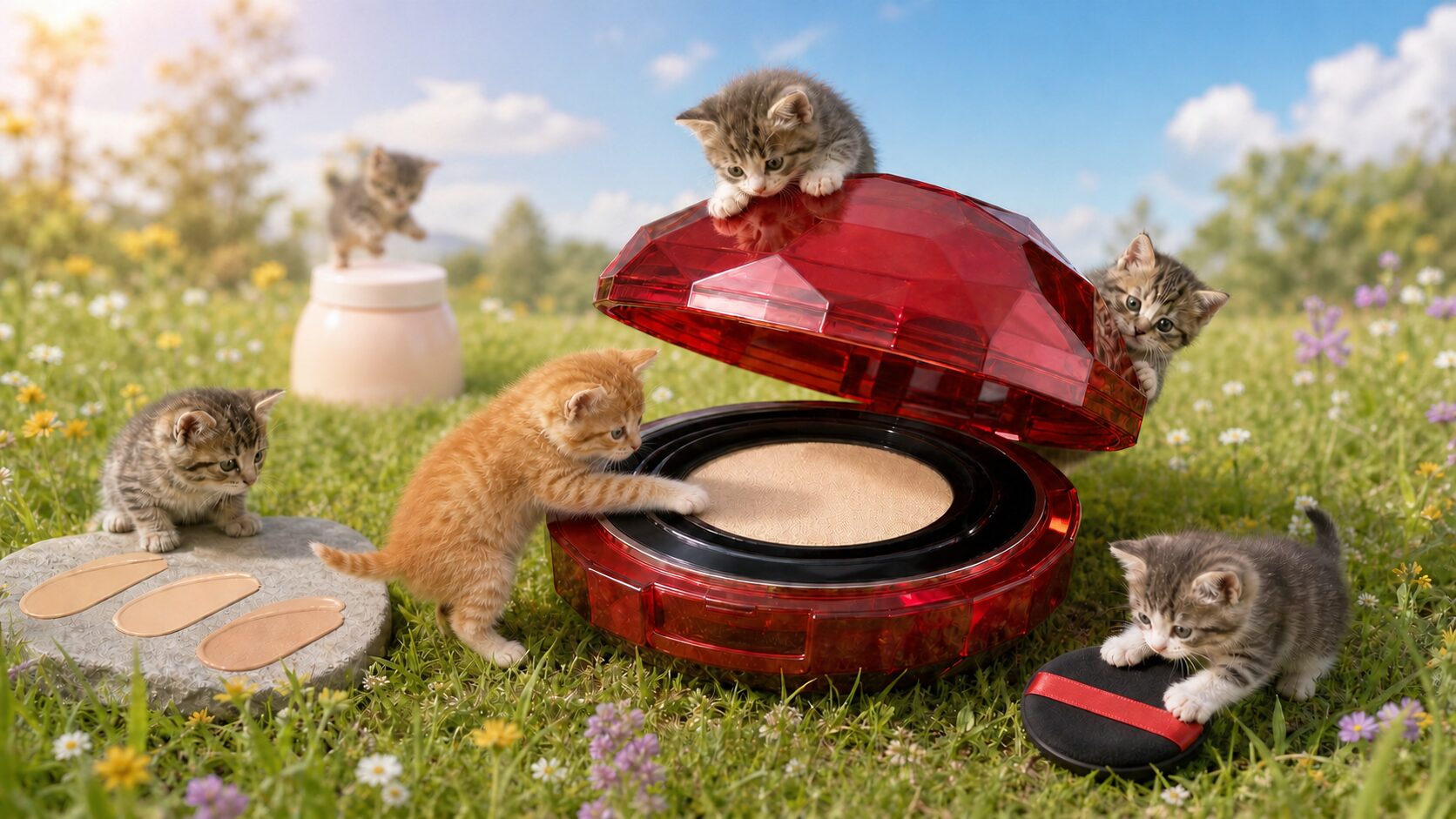 草原に置かれた大きな赤いクッションファンデで子猫たちが遊んでいる様子