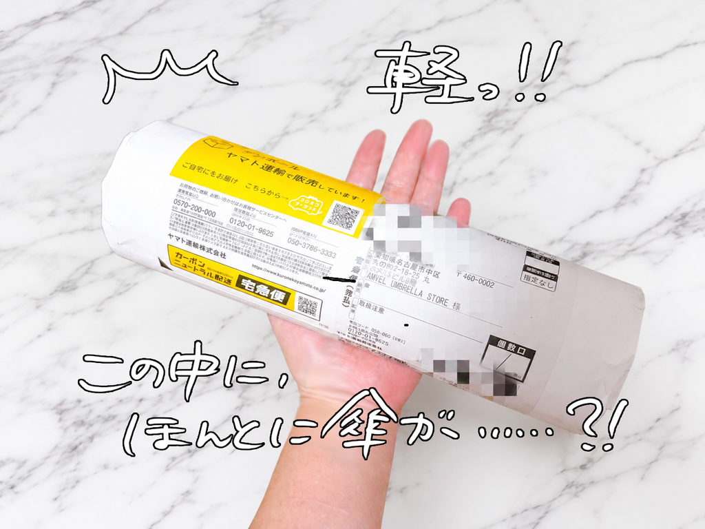 AMVEL pentagon72が届いた直後の梱包された状態を手のひらに載せている様子