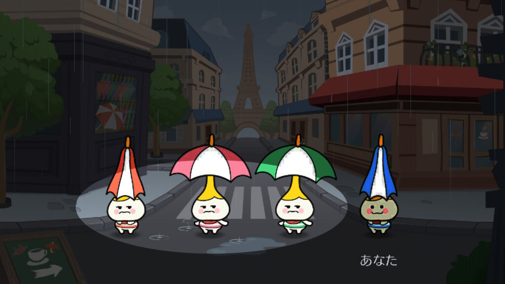 傘を持ったキャラクターたちが並ぶゲーム画面