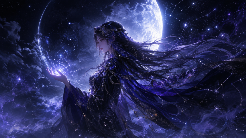 深夜をイメージした月明かりと星空の中にたたずむ幻想的な女性