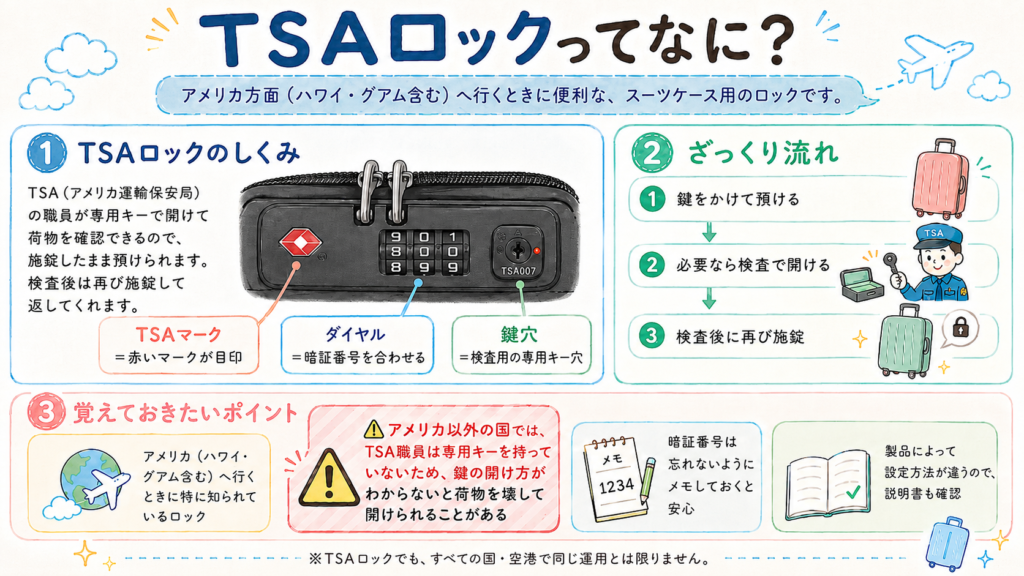 TSAロックの仕組みと注意点をまとめた説明画像