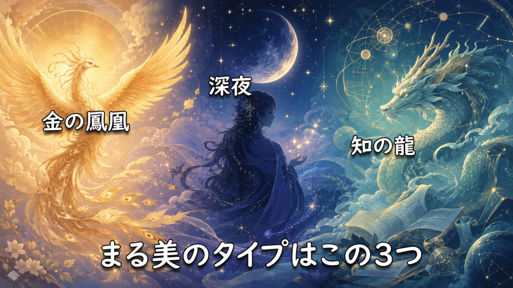 金の鳳凰、深夜、知の龍というまる美の3つの占いタイプを表したイメージ