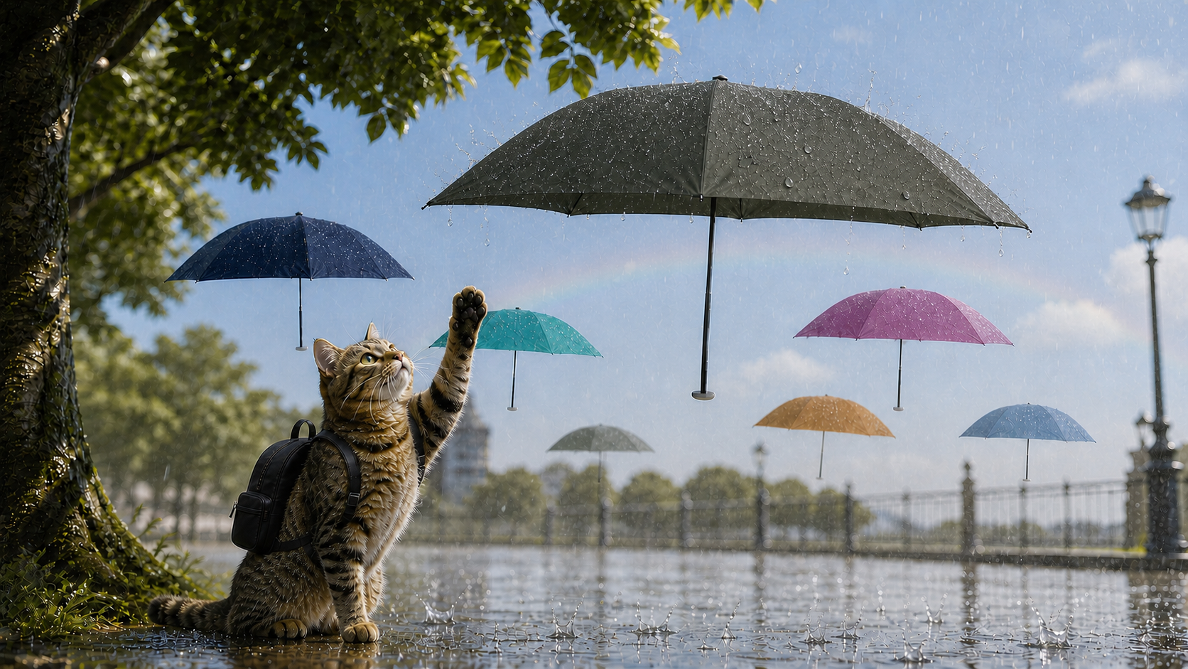 急な雨に降られて雨宿りをしているリュックを背負った猫が、軽すぎてふわふわと浮かんでいる傘を見上げている様子