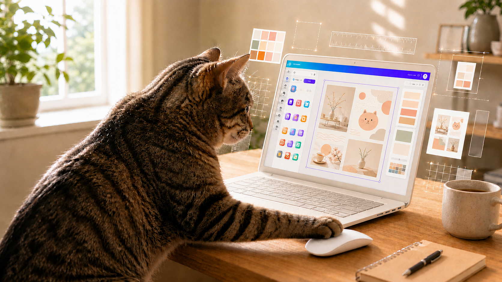 ノートパソコンのデザイン編集画面を見ながら、猫がマウスに手を添えている様子