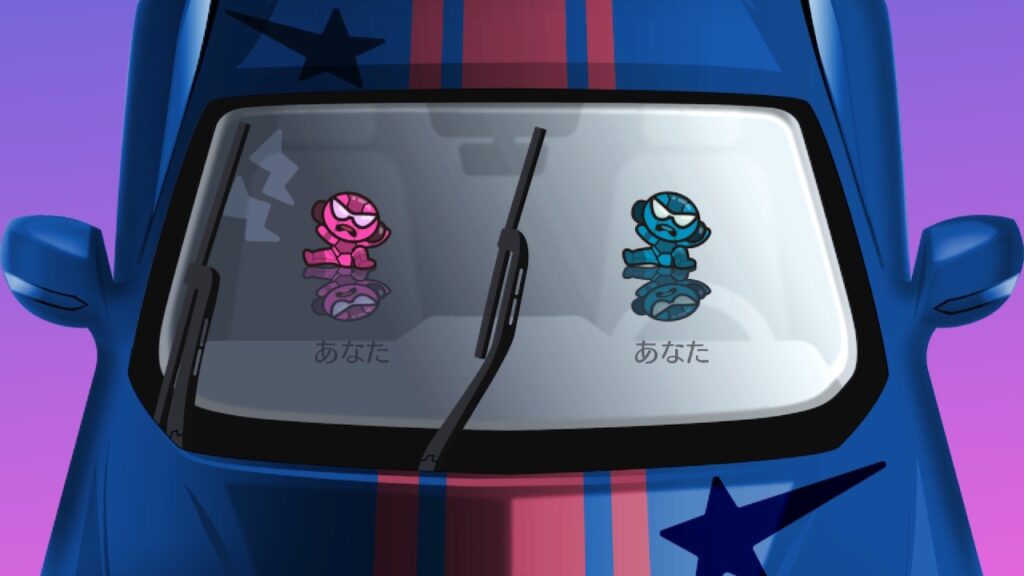 リミックス5のワイパー場面で2体のキャラクターが車のフロントガラスの上でコケているゲーム画面