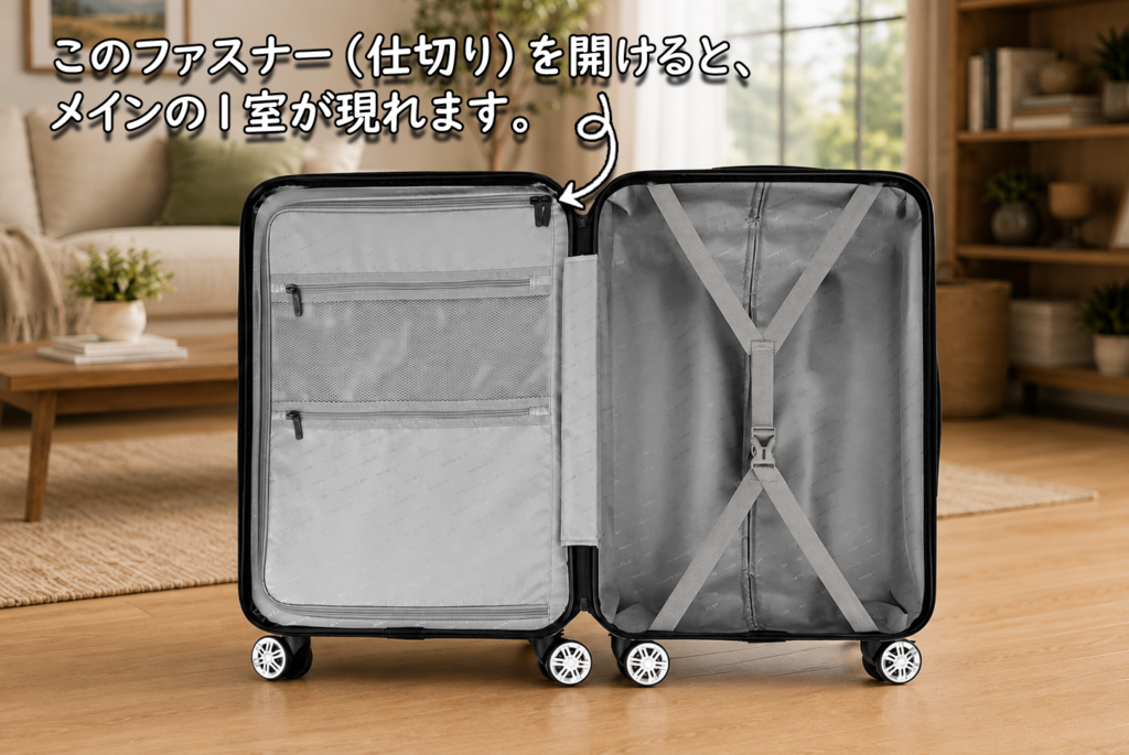 New Tripスーツケースを開いて内側の仕切りと収納スペースを見せた様子