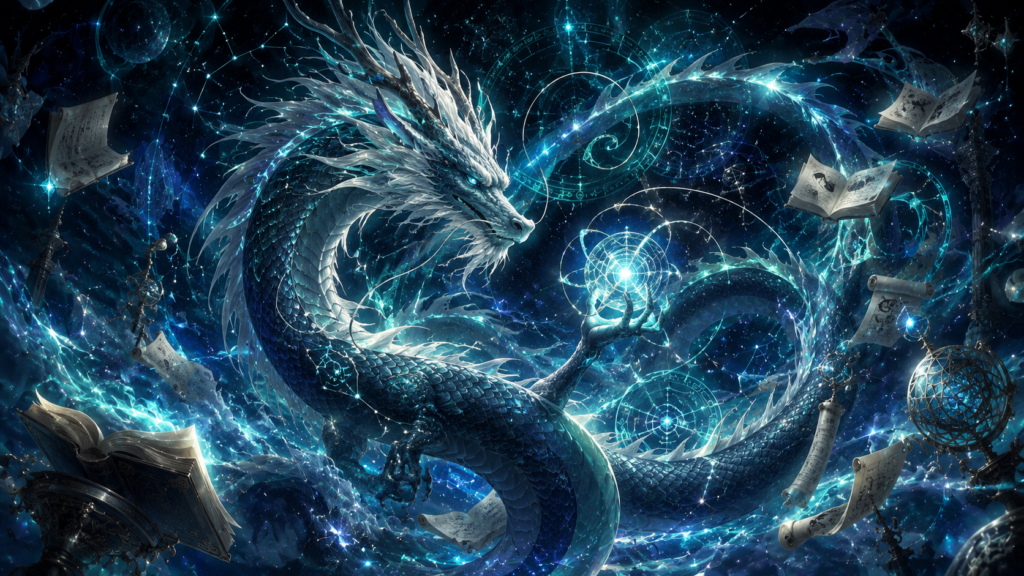 知の龍をイメージした星図と書物に囲まれた青い龍