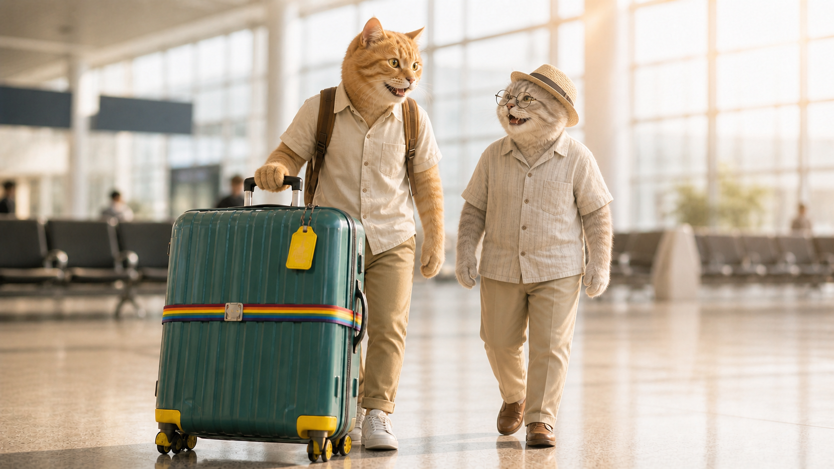 大きな緑のスーツケースを持つ猫と、手ぶらで歩く年配の猫が空港を歩いている様子