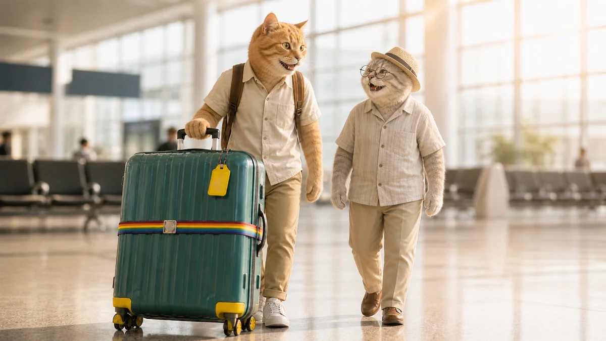 大きな緑のスーツケースを持つ猫と、手ぶらで歩く年配の猫が空港を歩いている様子