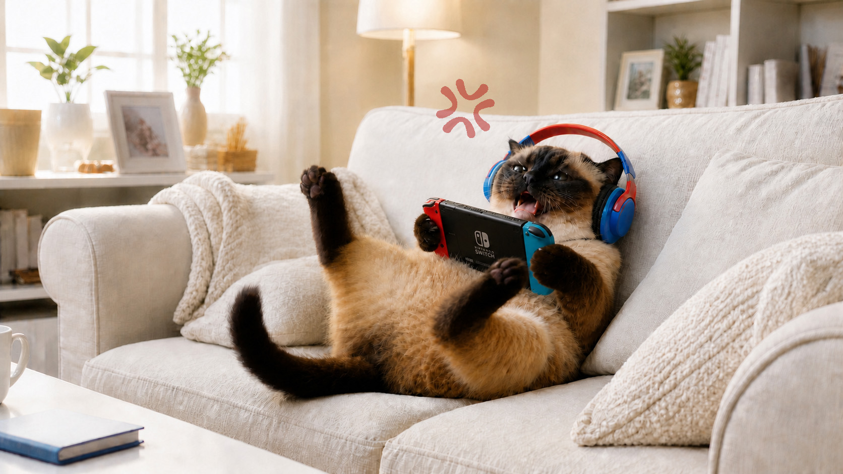 ソファで携帯ゲーム機を持ちながら足をバタつかせて駄々をこねるシャム猫