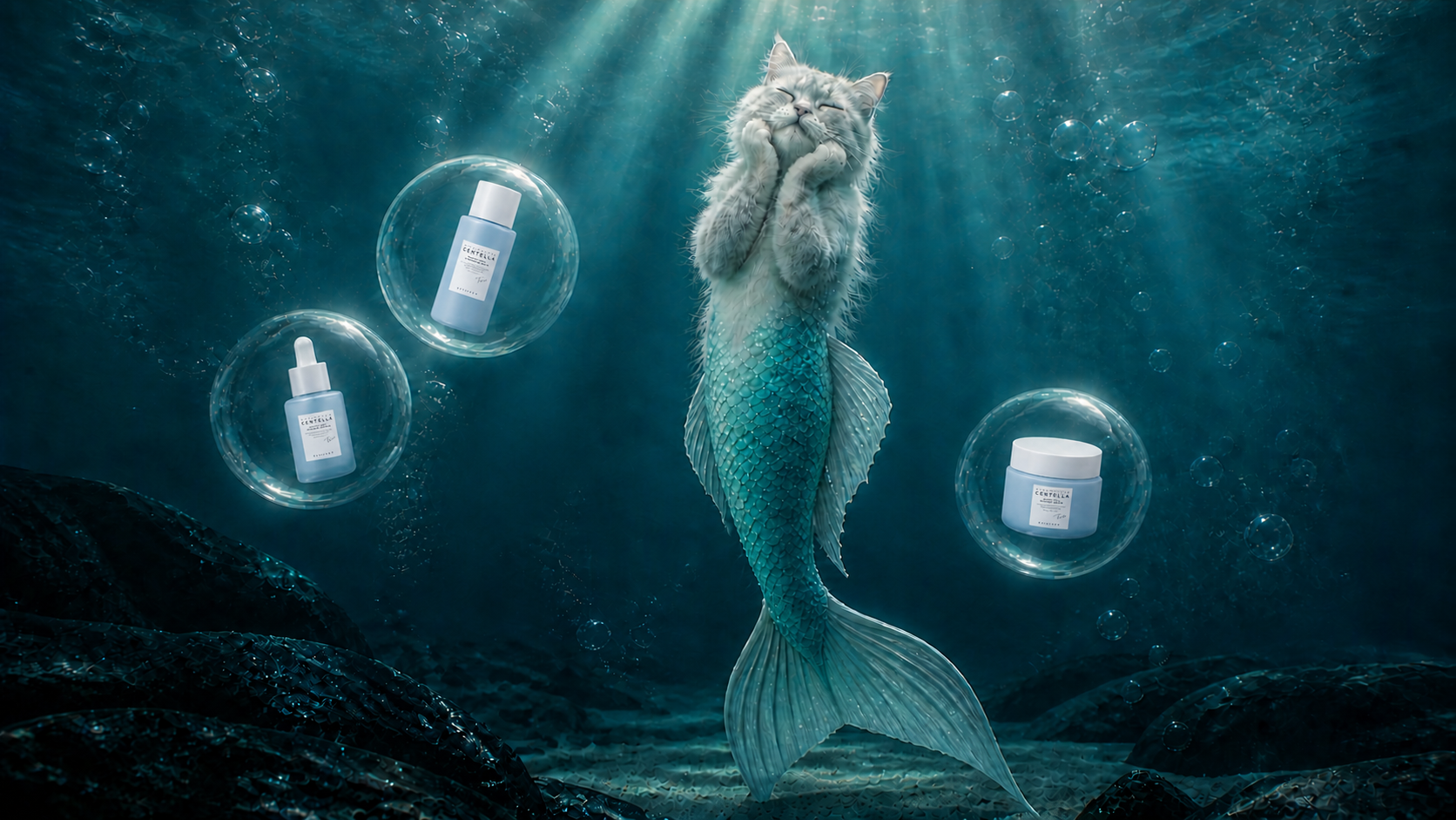 深海で目を閉じてたたずむ猫人魚と、泡に包まれた淡いブルーのスキンケア容器