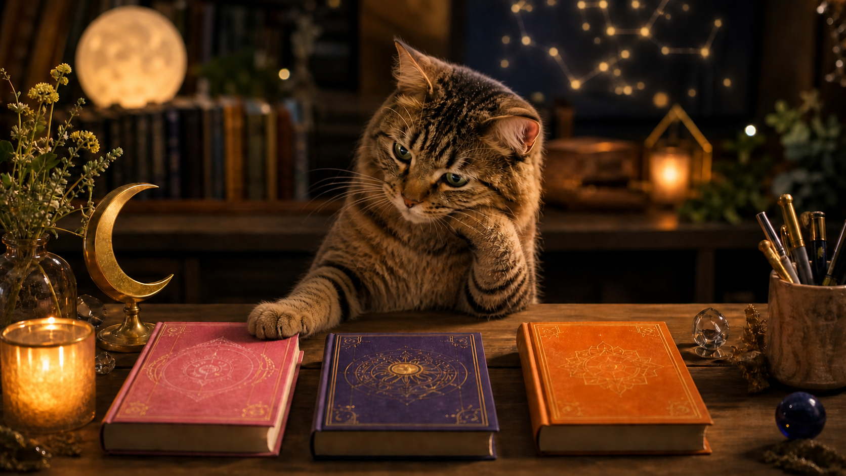 夜の机で3冊の占い本を前に、ピンクの本へ前足を伸ばす猫