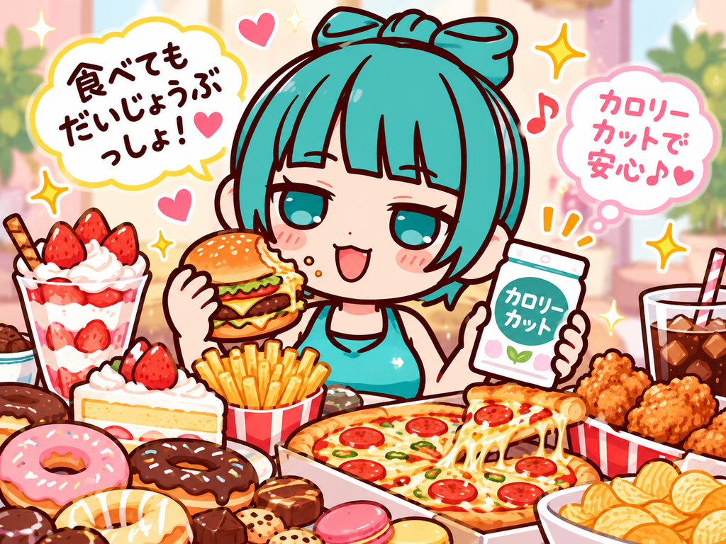 「食べてもだいじょうぶっしょ!」と言いながらハンバーガーを頬張り、カロリーカットのサプリを手にした女の子のイラスト。まわりはピザやドーナツ、ケーキ、フライドポテトだらけ