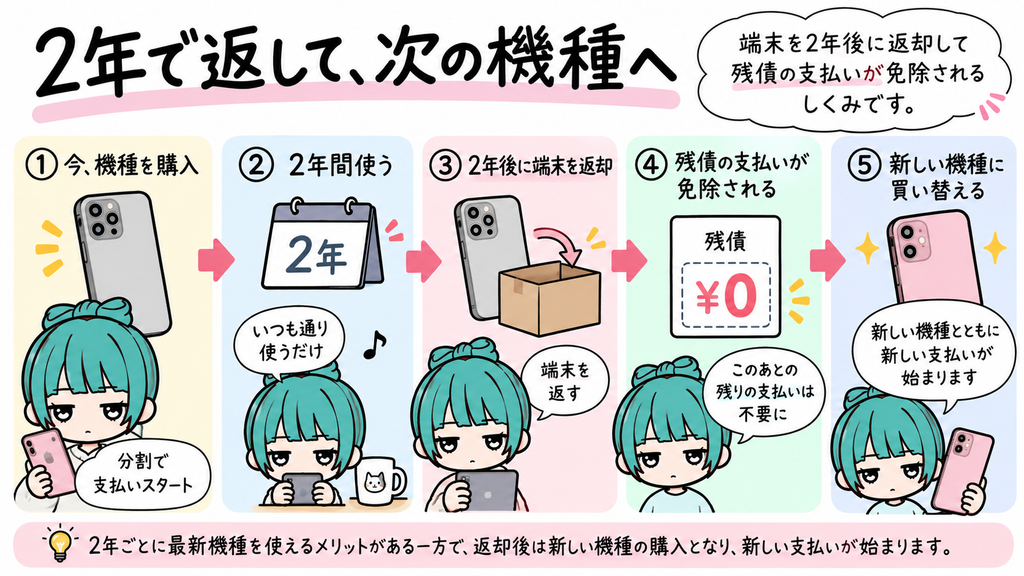 端末返却プログラムのしくみの図解。購入して2年使い、返却すると残債が免除され、新しい機種に買い替える流れ