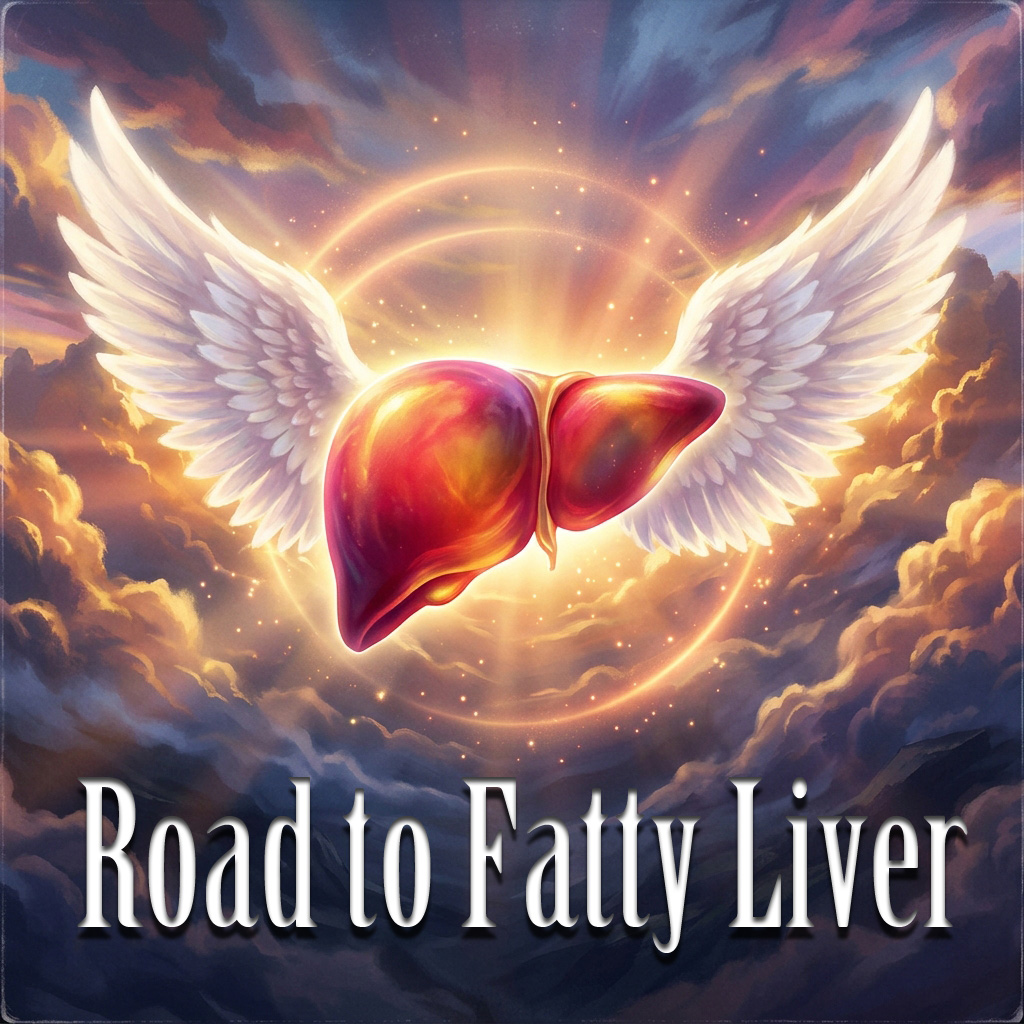 翼の生えた肝臓が光を放ちながら雲の上を飛ぶ、曲「Road to Fatty Liver」のジャケット画像