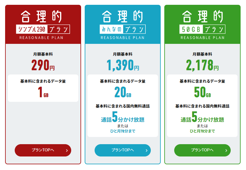 日本通信SIMの合理的プラン3種の料金表。50GBプランは月額2,178円で50GB、5分かけ放題または月70分の無料通話つき