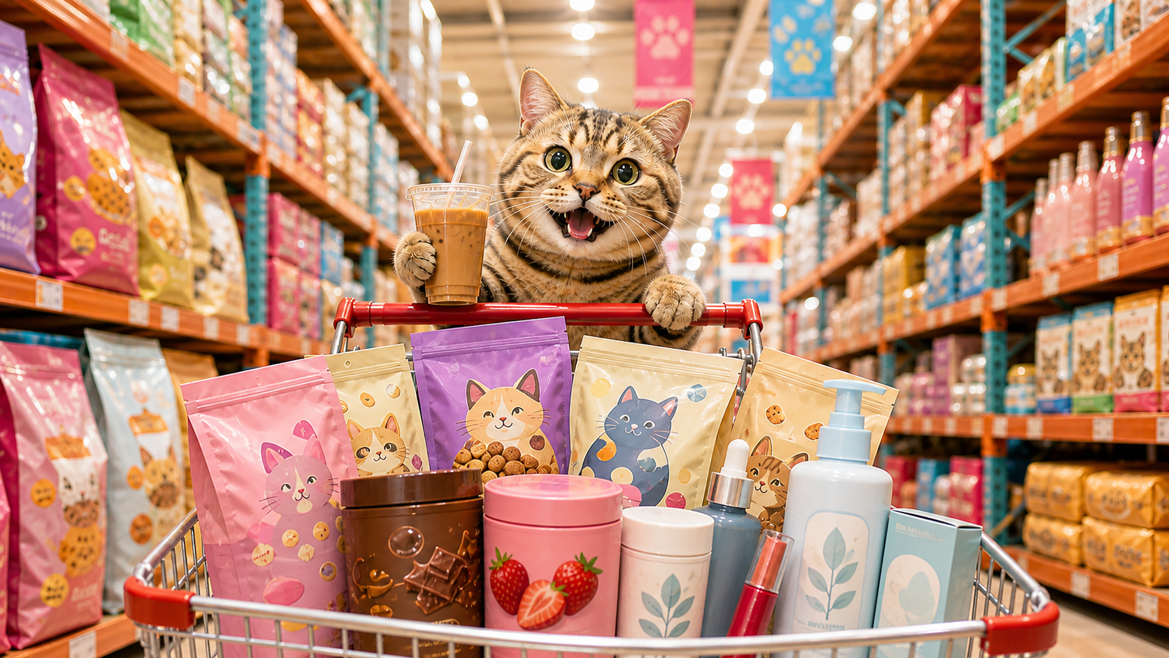 ホールセールマーケットで商品を積んだカートを押す猫