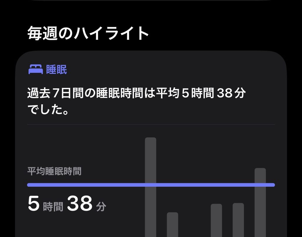 過去7日間の平均睡眠時間が5時間38分と表示された睡眠記録の画面。