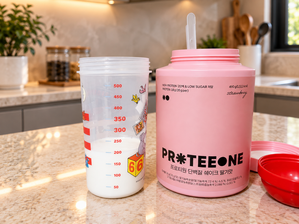 牛乳を入れたシェーカーとプロティーワンのいちご味