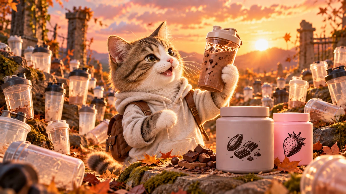 プロテインシェーカーが並ぶ夕暮れの中で、チョコ味のプロテインを掲げる猫