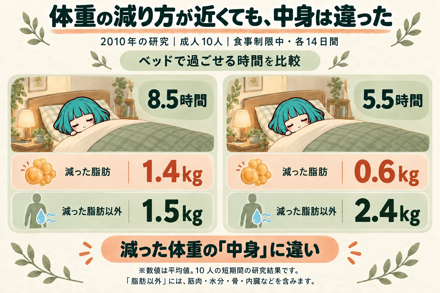 食事制限中、ベッドで過ごせる時間が8.5時間の場合は脂肪1.4kg・脂肪以外1.5kg減、5.5時間の場合は脂肪0.6kg・脂肪以外2.4kg減となった研究の図解。