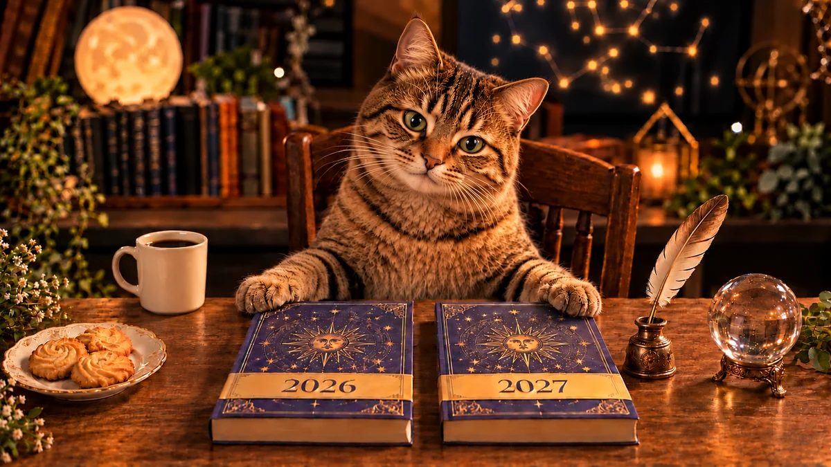 2026年と2027年の本に前足を置き、首をかしげて正面を見る猫